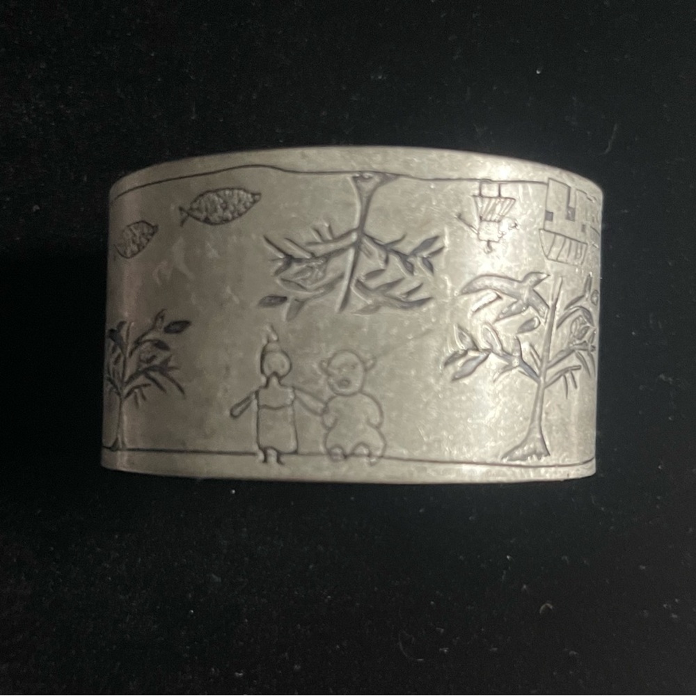 Vintage Silver Toned Metal Engraved Asian Cuff Bracelet